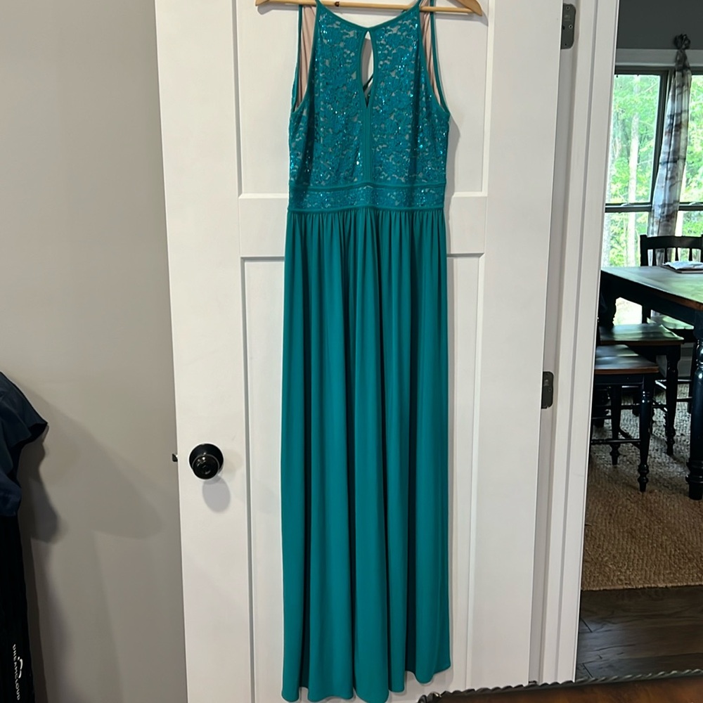 Fully lined peekaboo top full length dress;perfect for weddings,parties,or prom!